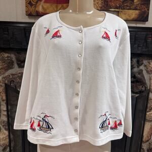 VTG Kenneth Too Nautical Cardigan Sweater Sailboat Embroidered Button sz P/L Y2K